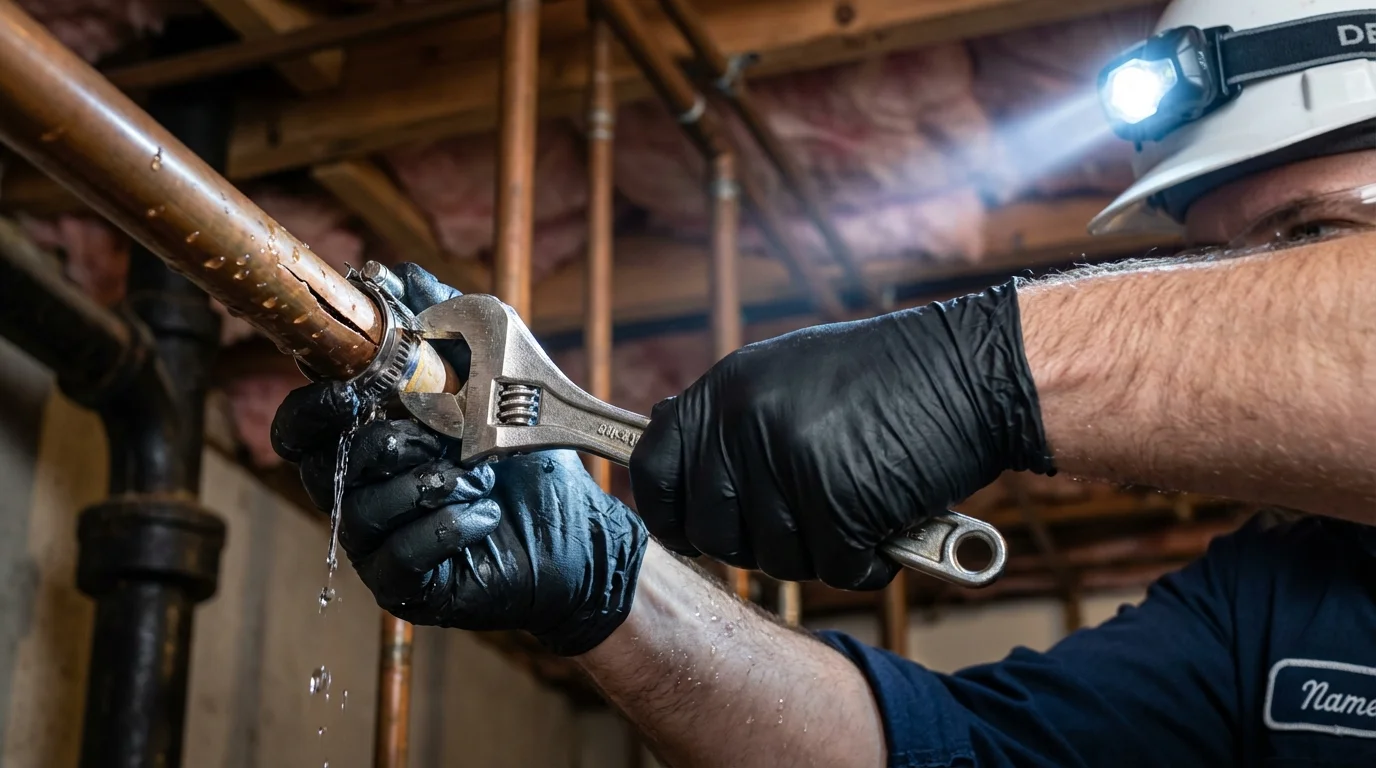 Emergency pipe clamp repair being performed by a Johns Plumbing LLC plumber in Philadelphia
