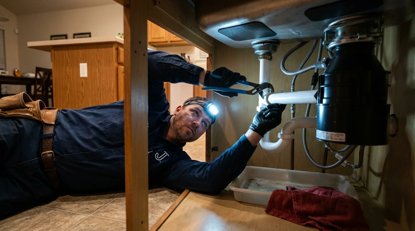 P-trap and supply line connections under a kitchen sink showing a common leak point in Philadelphia, MS